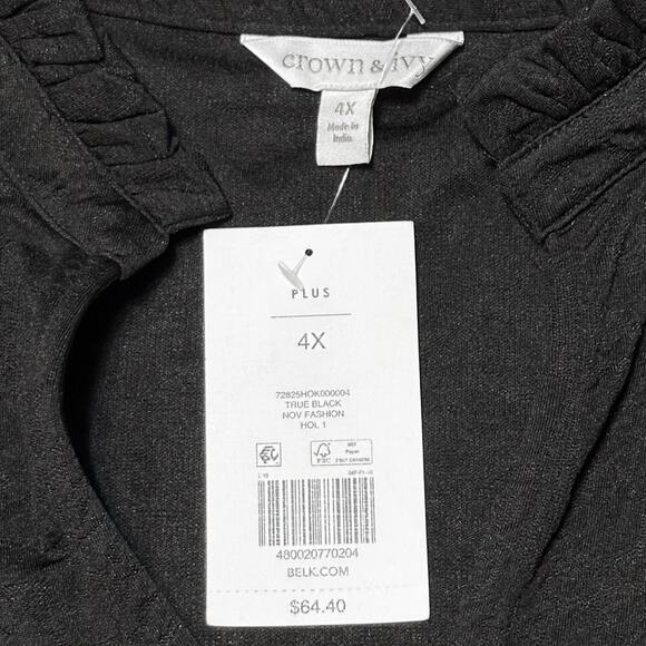 Crown & Ivy Black Jacquard Top Blouse Plus 4X Ruffle V-Neck 3/4 Sleeve NWT - Picture 3 of 9